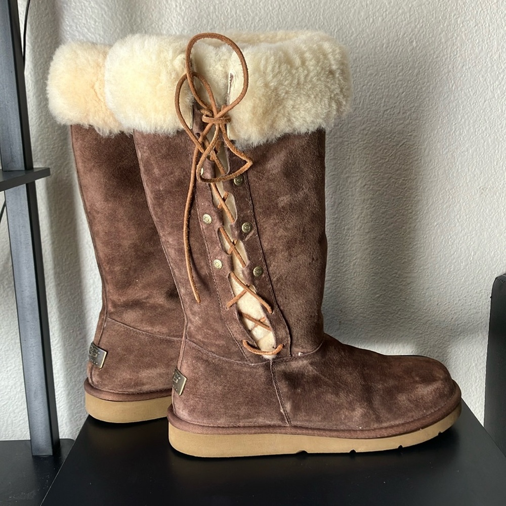 UGG Brown Winter & Rain Boots with Cream Fur Lining and Lace-Up Design
